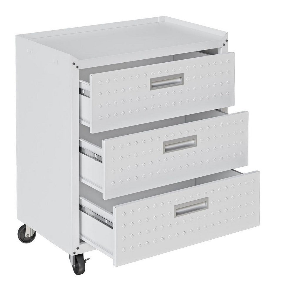 Fortress Textured Metal 31.5’’ Garage Mobile Chest with 3 Full Extension Drawers in White MHC-4GMCC-WH