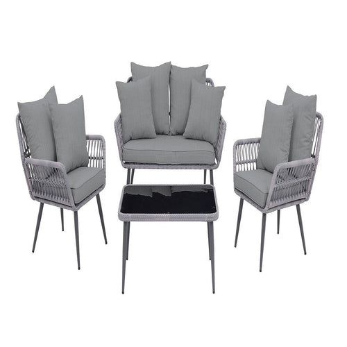 Portofino Rope Wicker 4-Piece Patio Conversation Set with Cushions in Grey