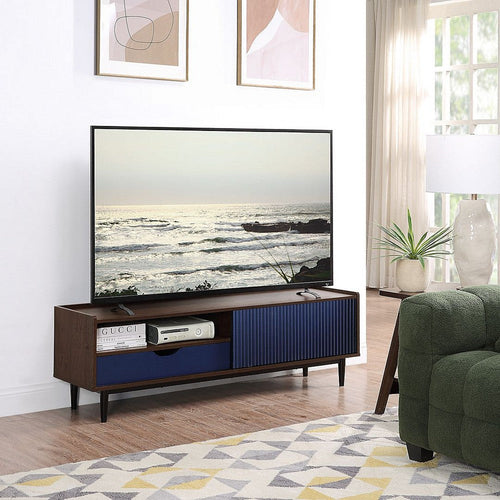 Duane 59.25 Modern Ribbed TV Stand in Dark Brown and Navy Blue