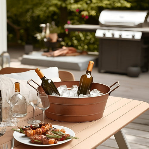 Oval Shape Hammered texture Metal Tub with 2 Side Handles, Copper - BM195214