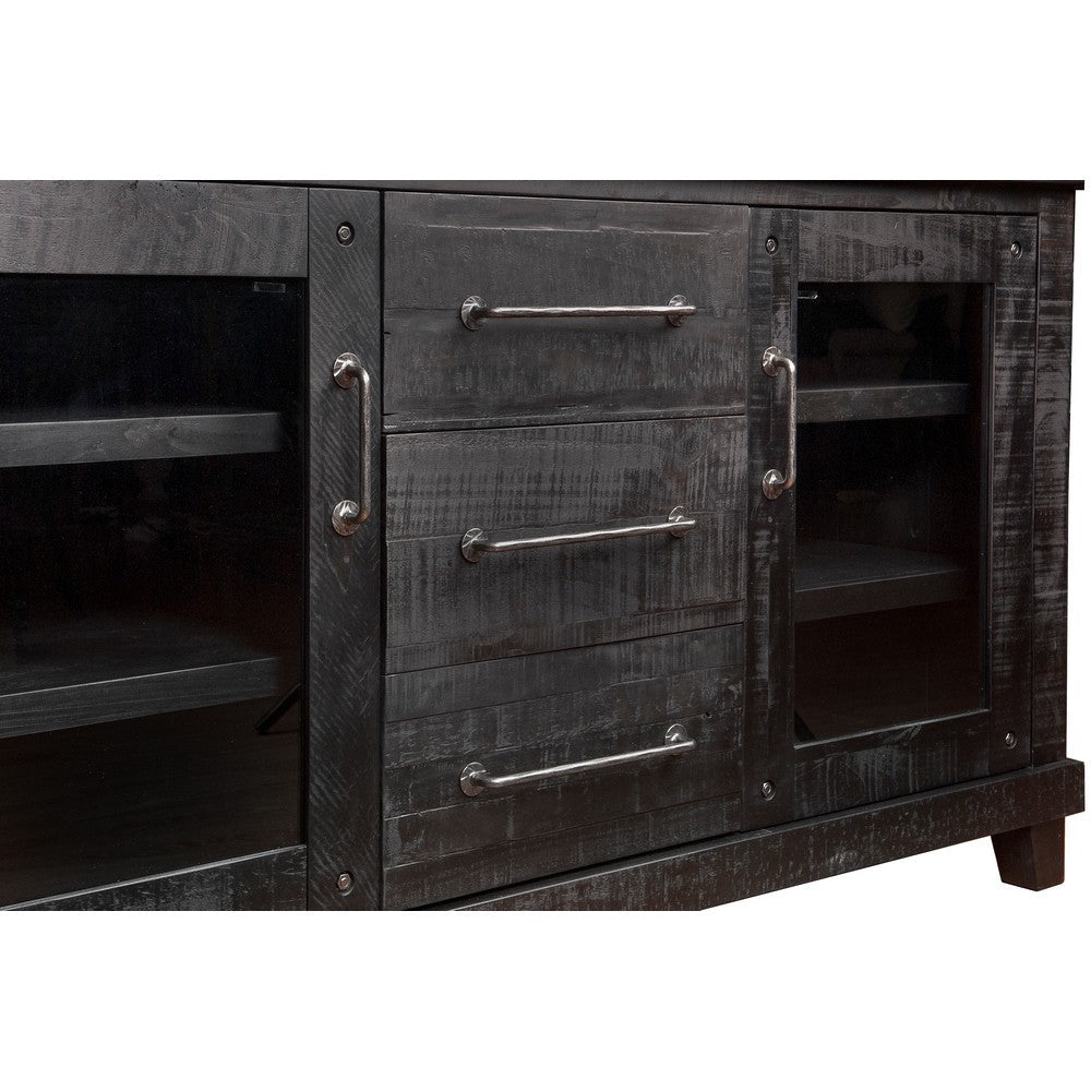 Multi Storage Wooden Sideboard with Two Glass Door Cabinets and Three Drawers Brown MSF-7YC973