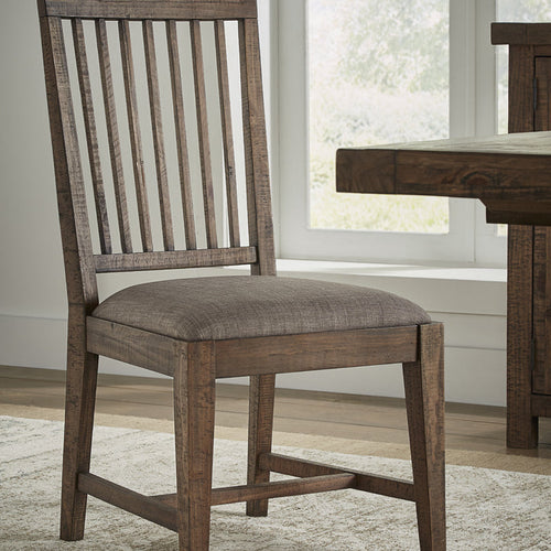 Wooden Chair with Fabric Upholstered Seat and Slat Style Back, Set of 2, Oak Brown and Gray