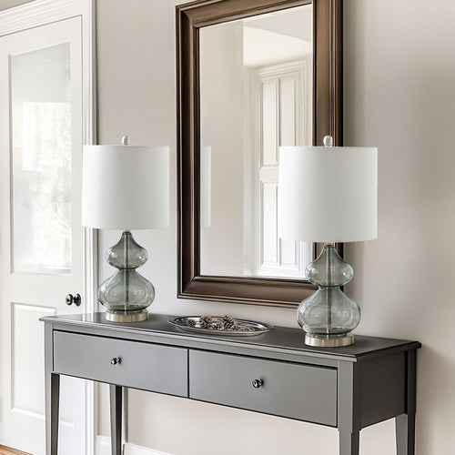 Table Lamp Set of 2, White Shade, Stacked Gourd Gray Glass Body