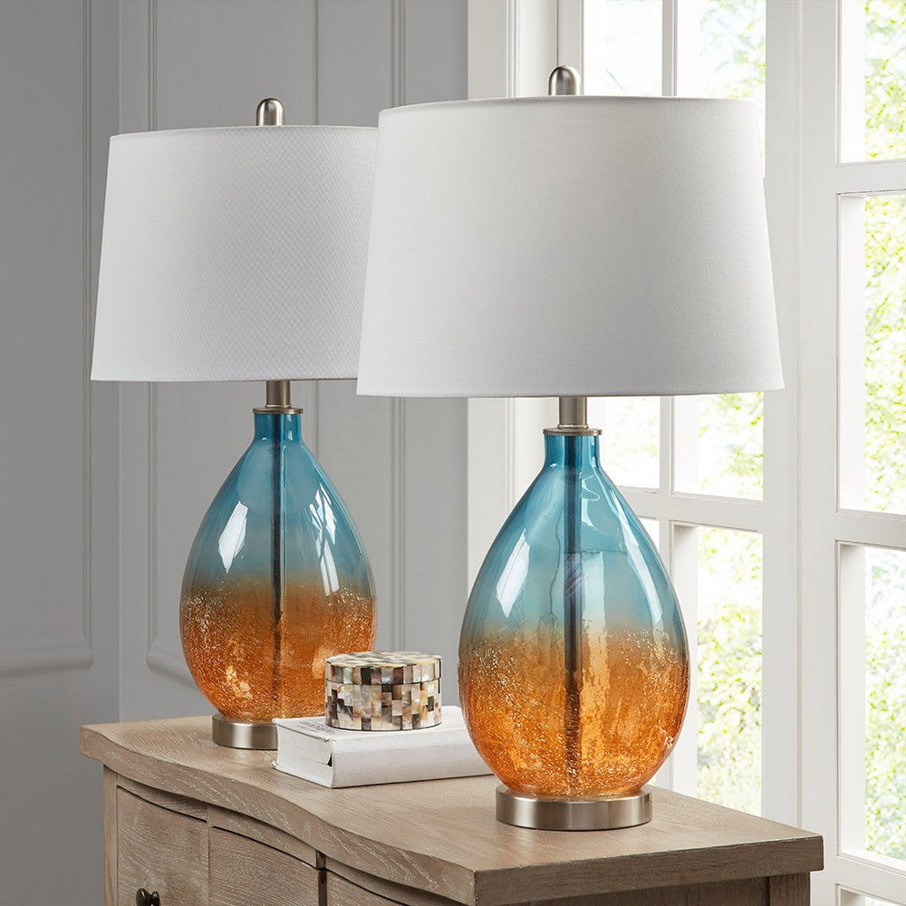 Table Lamp Set of 2, White Shade, Blue & Orange Ombre Glass, Brass
