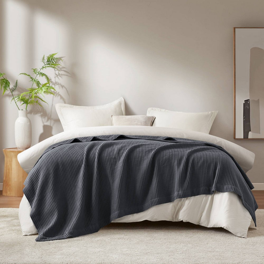Twin Size Blanket, Plush Cotton, Waffle Weave Design, Dark Gray