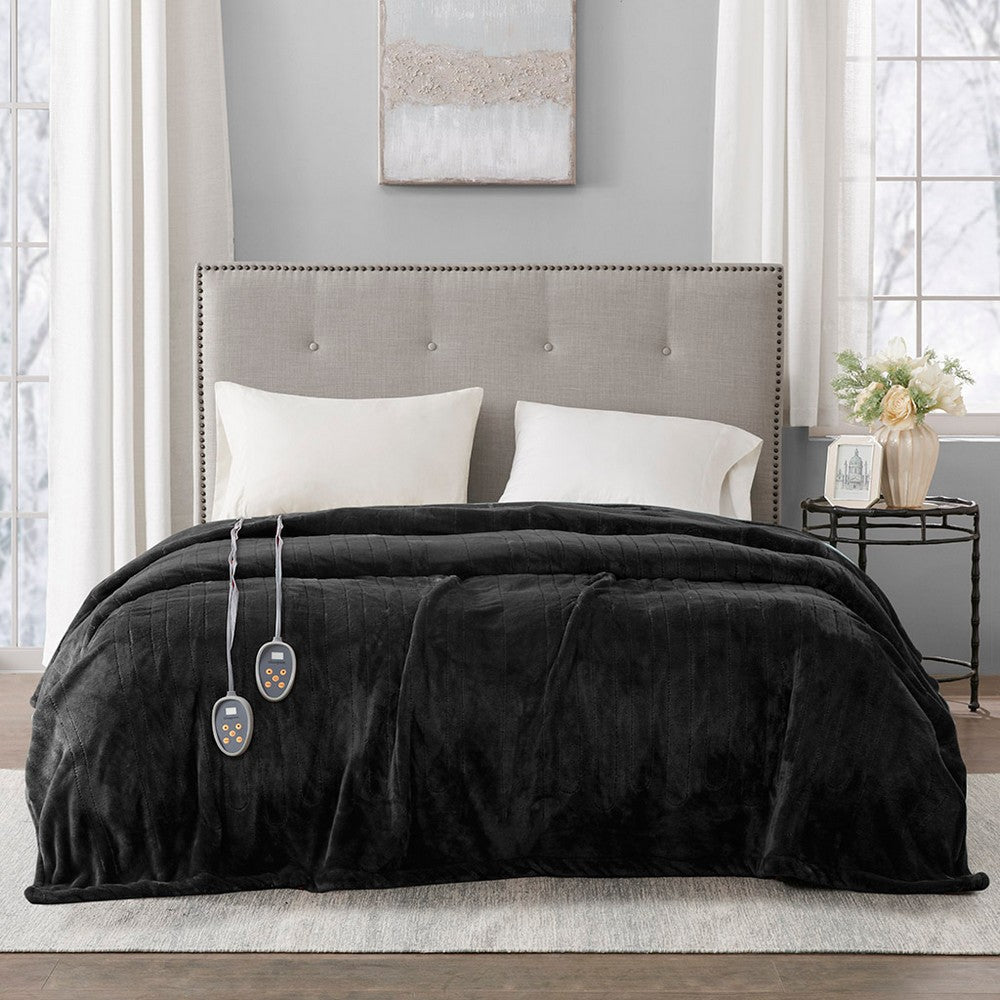Queen Size Microlight Heated Blanket w 2 Heat Controllers, Black