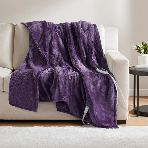 60 x 70 Heated Throw Blanket, Microlight and Berber, Purple