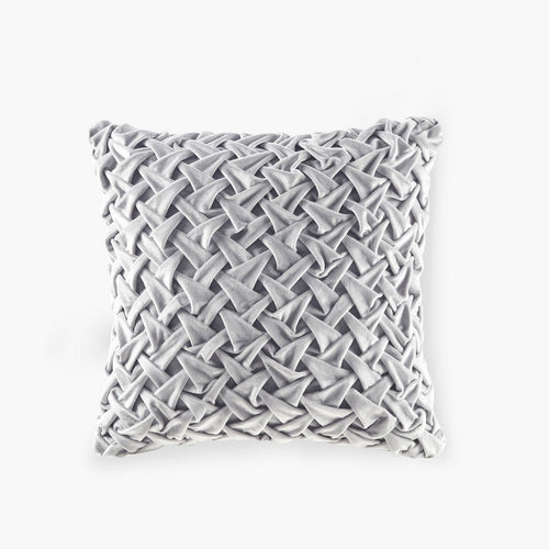 Square Ruched Accent Pillow, Hand Pintucked Silver Velvet, 20"