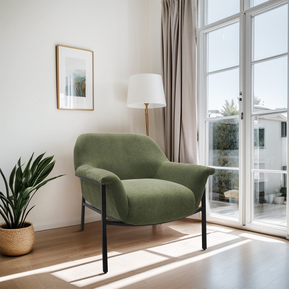 Accent Chair, Barrel Back w Black Steel Frame, Green Polyester