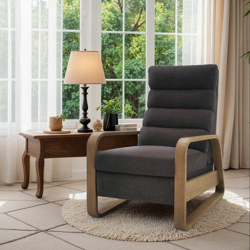 Push Back Recliner, Gray Fabric, Oak Brown Solid Wood Legs
