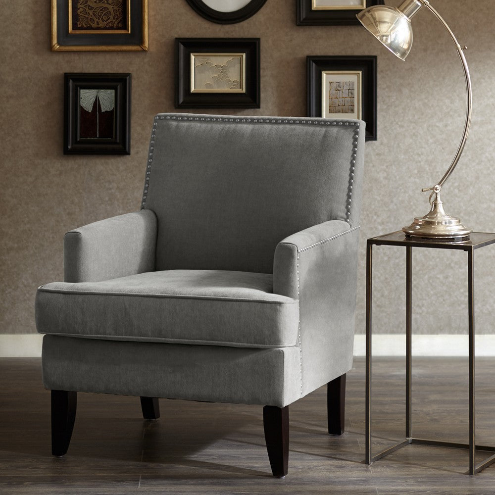 Track Arm Club Chair, Merlot Brown Wood Legs, Gray Polyester