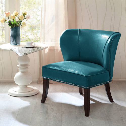 Armless Accent Chair w Wing Back, Peacock Blue Faux Leather