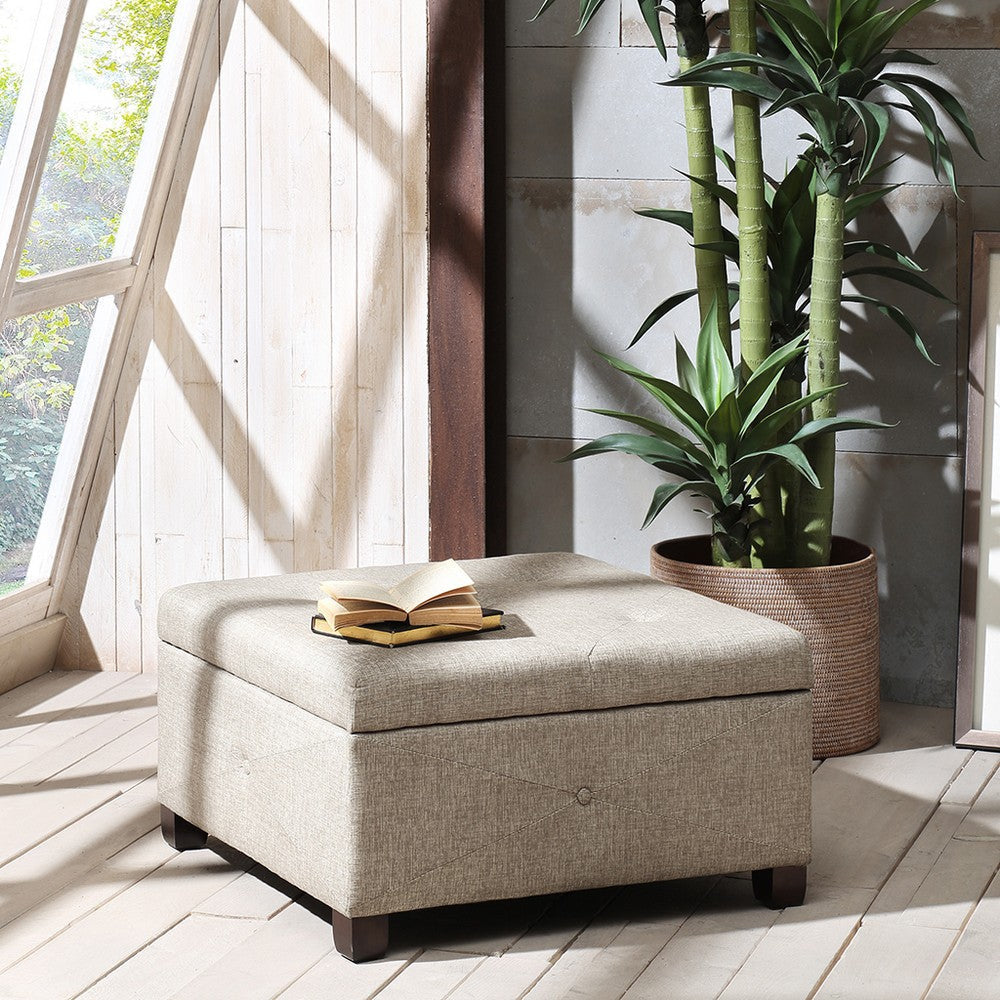 Storage Ottoman, Foam Cushion, Sand Beige Polyester Upholstery 30"