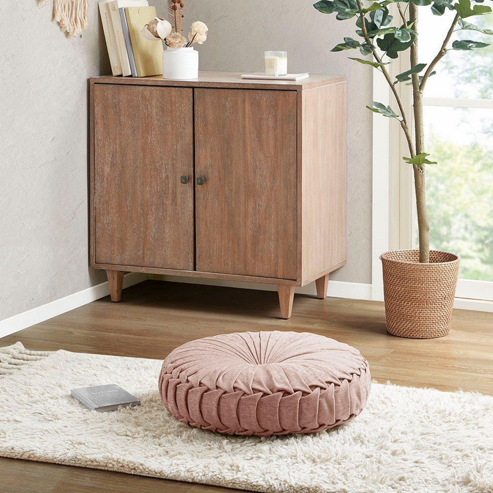 Round Floor Pillow Cushion, Tufted & Pleated Blush Poly Chenille