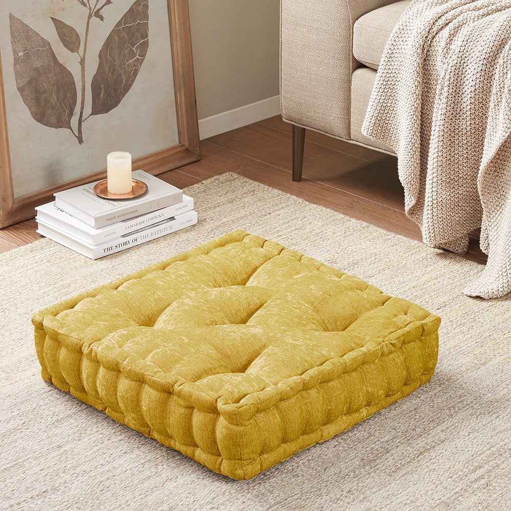 Square Floor Pillow Cushion, Scallop, Tufted Yellow Poly Chenille
