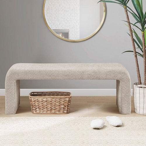 Waterfall Bench w Rounded Corners, Foam Cushion, Beige Boucle, 52"