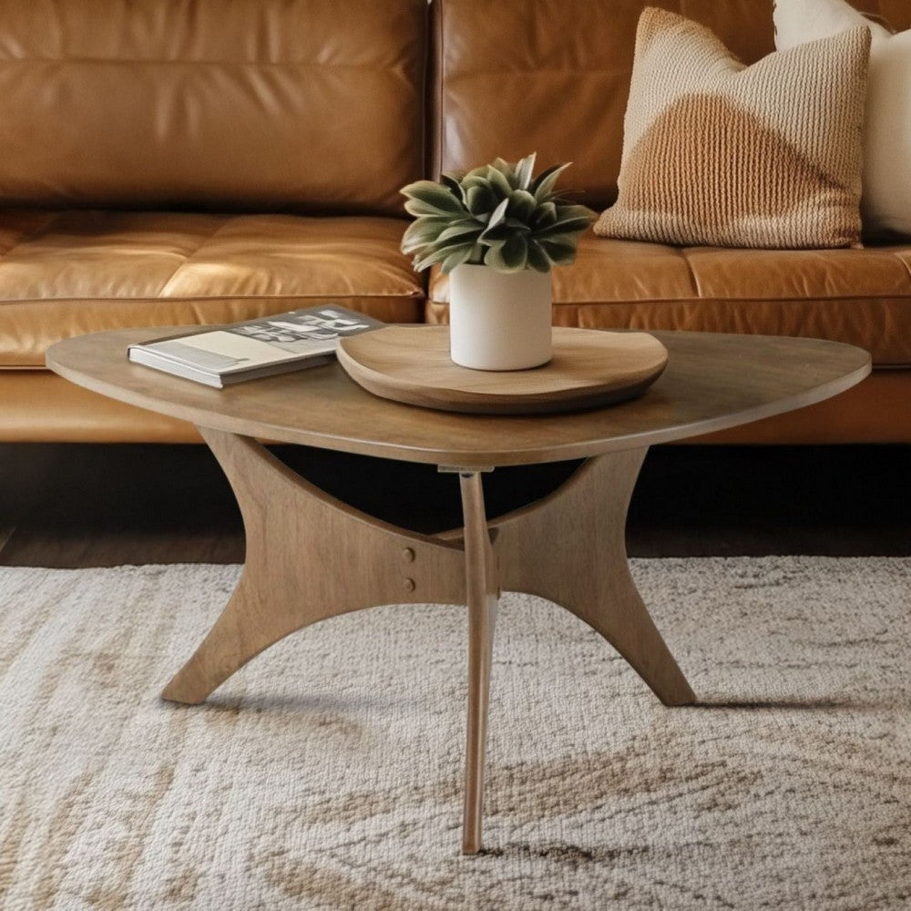 Triangular Coffee Table, Sculptural Base, 40" Light Brown Wood