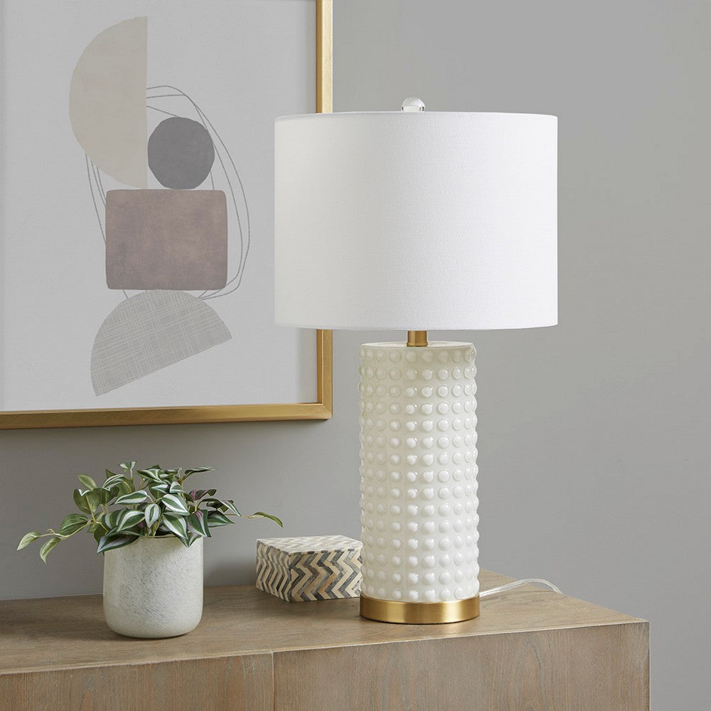 Table Lamp with Drum Shade and Dotted Pattern Glass Base, White