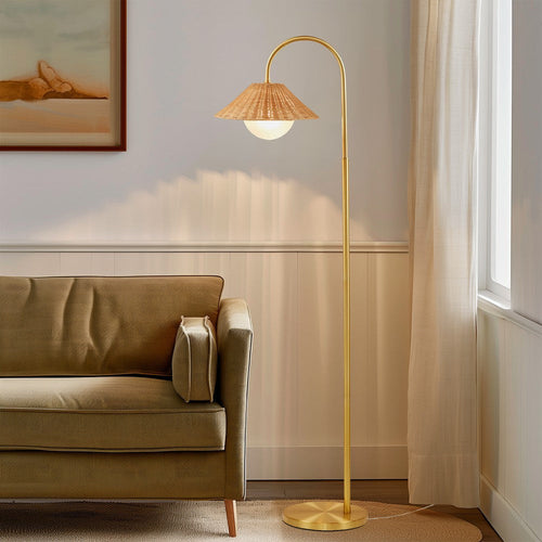 Floor Lamp, Natural Rattan Weave Shade with Frosted Globe, Gold