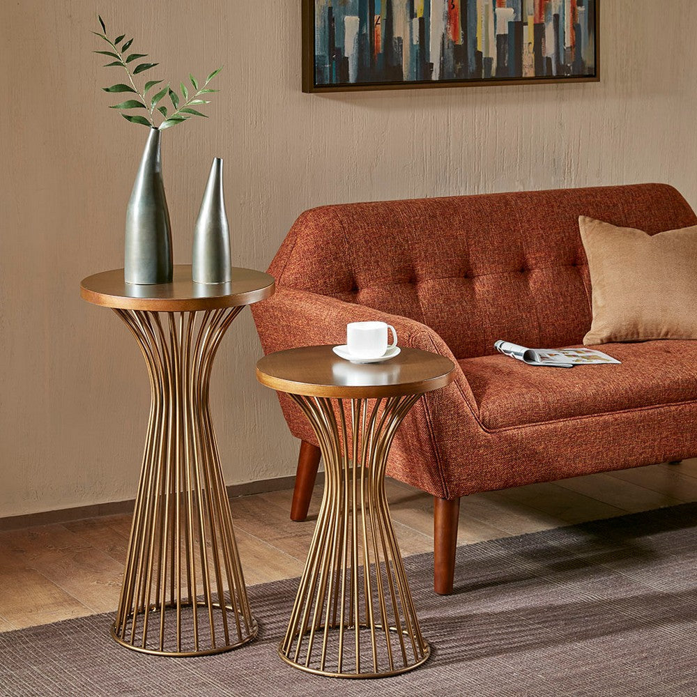 Pedestal, 16" Round Top, Solid Metal Wire Frame, Golden Bronze