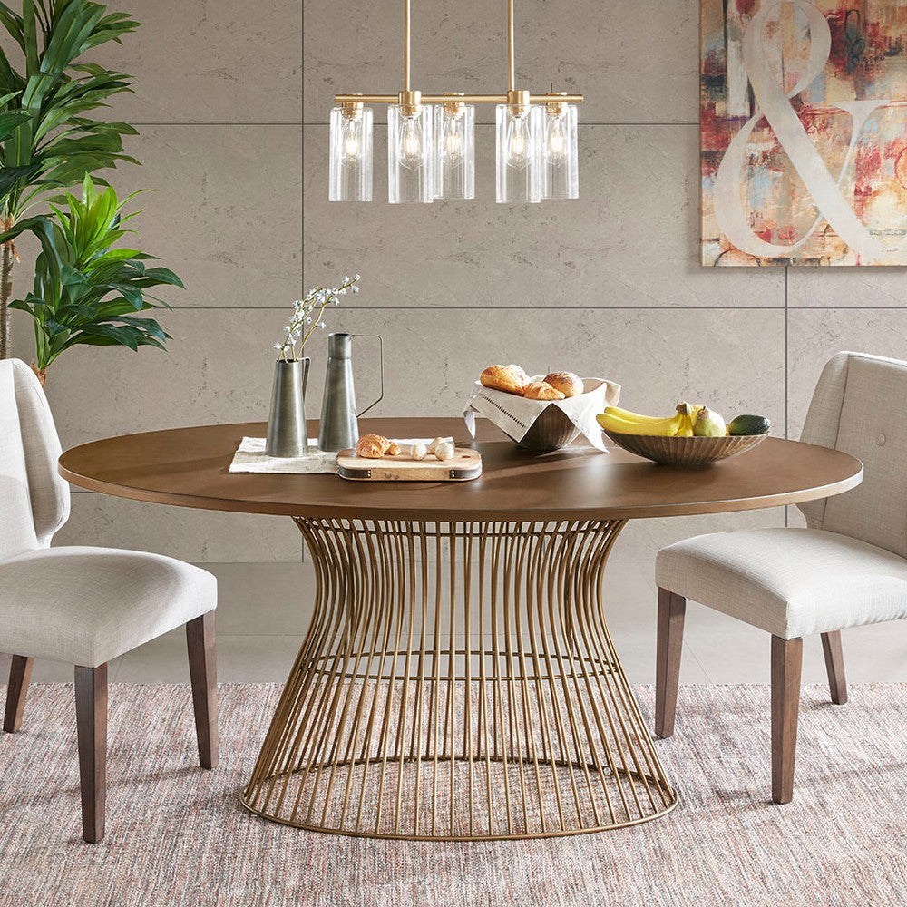 Dining Table, 68" Oval Wood Top, Metal Wire Frame, Golden Bronze