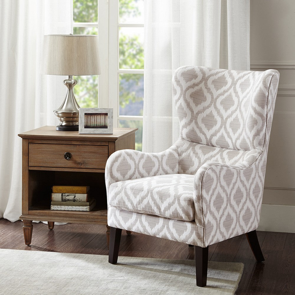 Swoop Wing Back Chair w Round Arms, White and Gray Cotton Blend