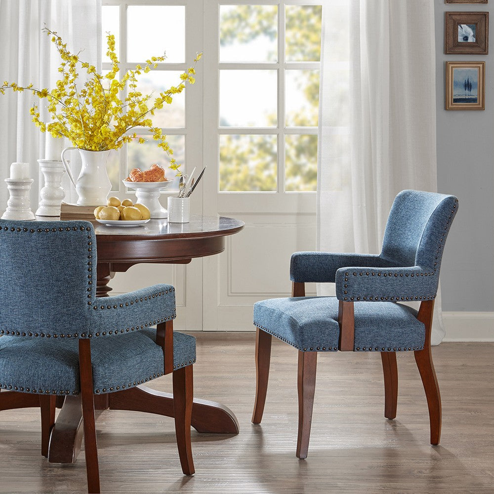 Dining Armchair, Nailhead Trim, Blue Cushion & Birch Wood