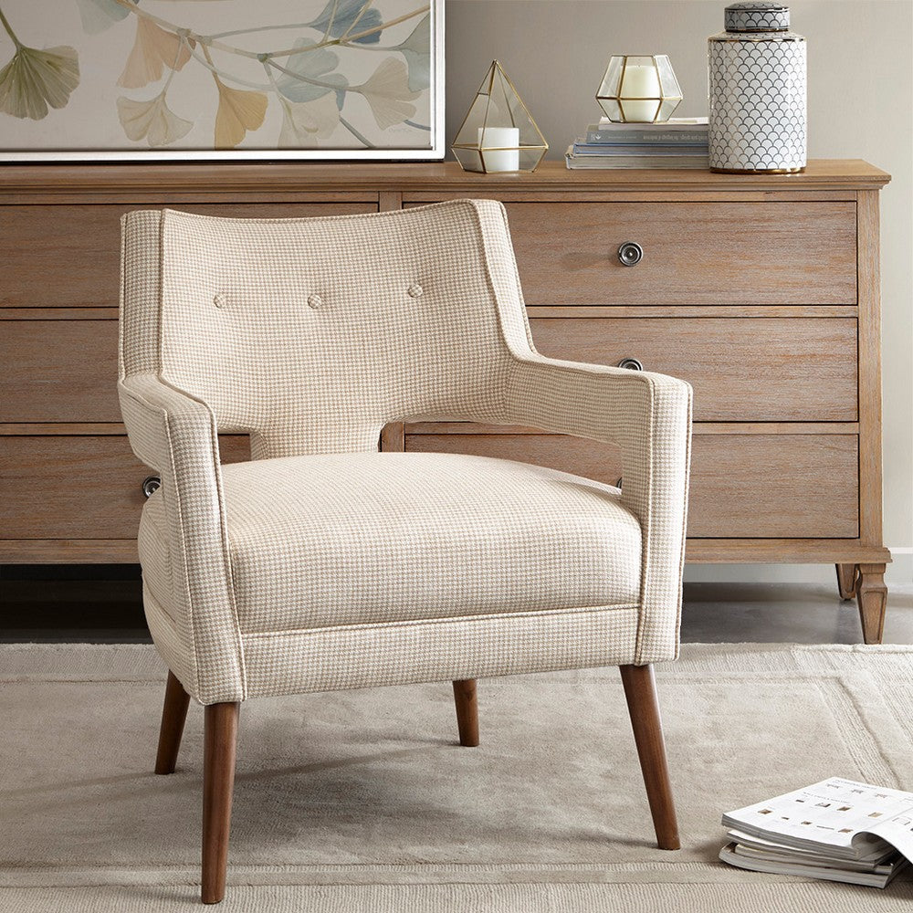 Accent Chair w Open Arms and Button Tufted Back, Cream White Fabric