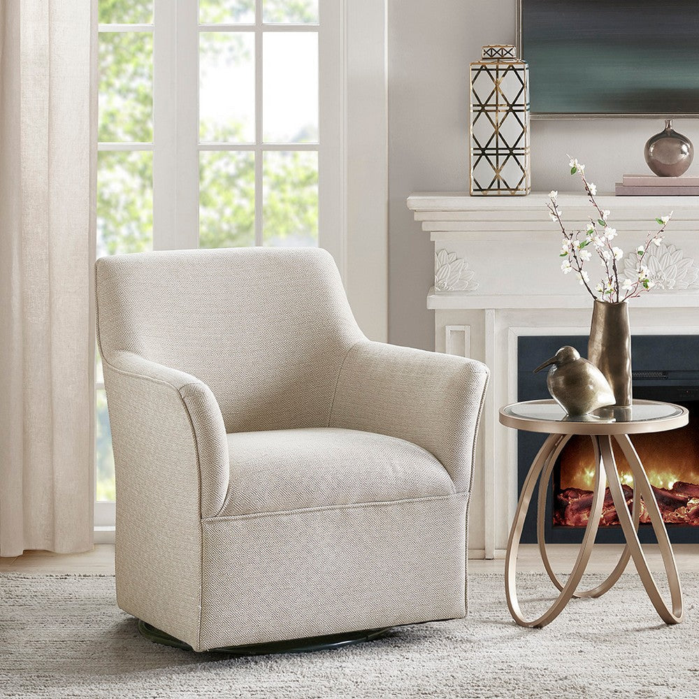 Swivel Glider Chair, Cream Polyester, Flared Arms with Metal Base