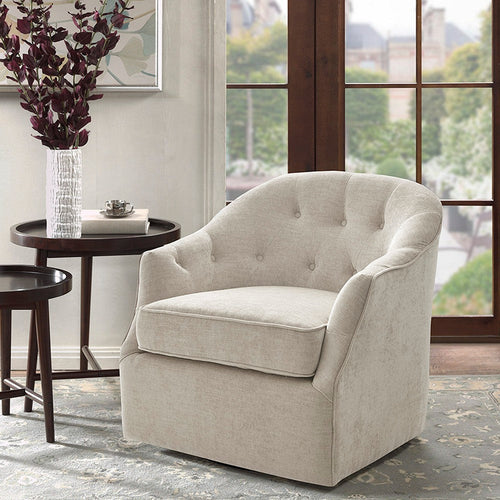 Swivel Accent Chair, Button Tufted, Beige Polyester Upholstery