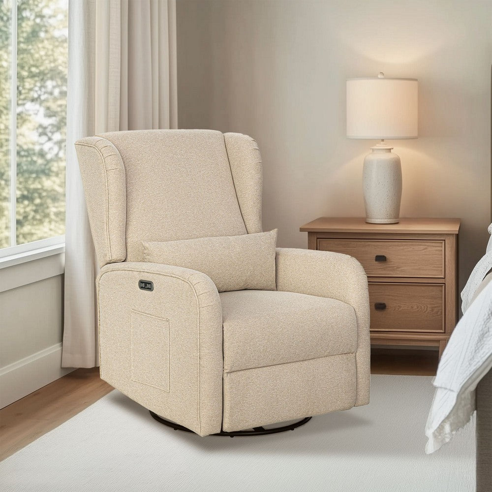 Power Recliner Chair w Swivel, Glider, 1 Lumbar Pillow, Beige Linen