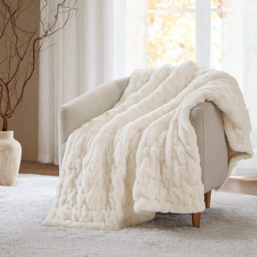 60 x 50 Throw Blanket, Ruched Solid Faux Fur, Polyfill, Ivory
