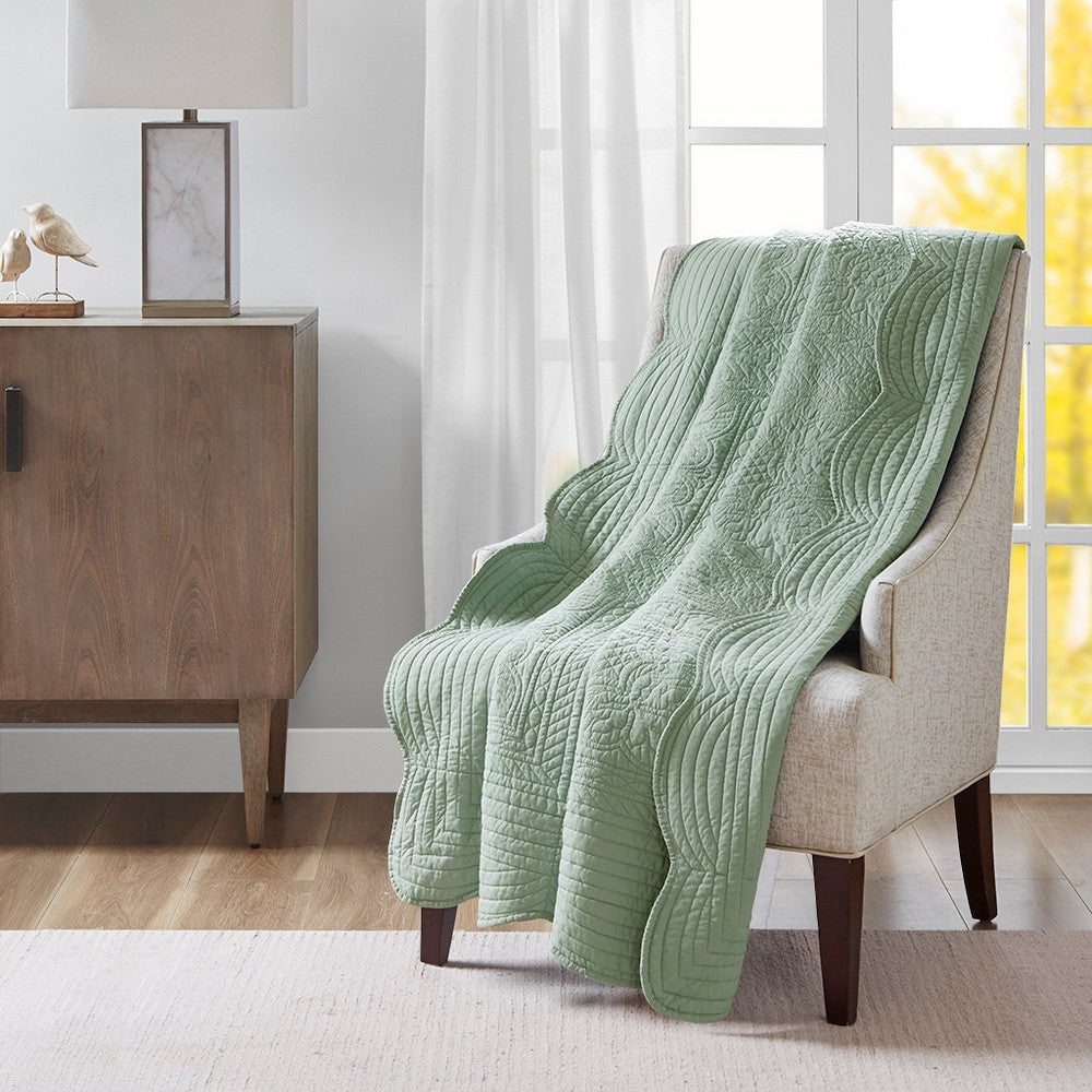 Quilted Throw Blanket, Scallop Edges, Seafoam Polyester Microfiber