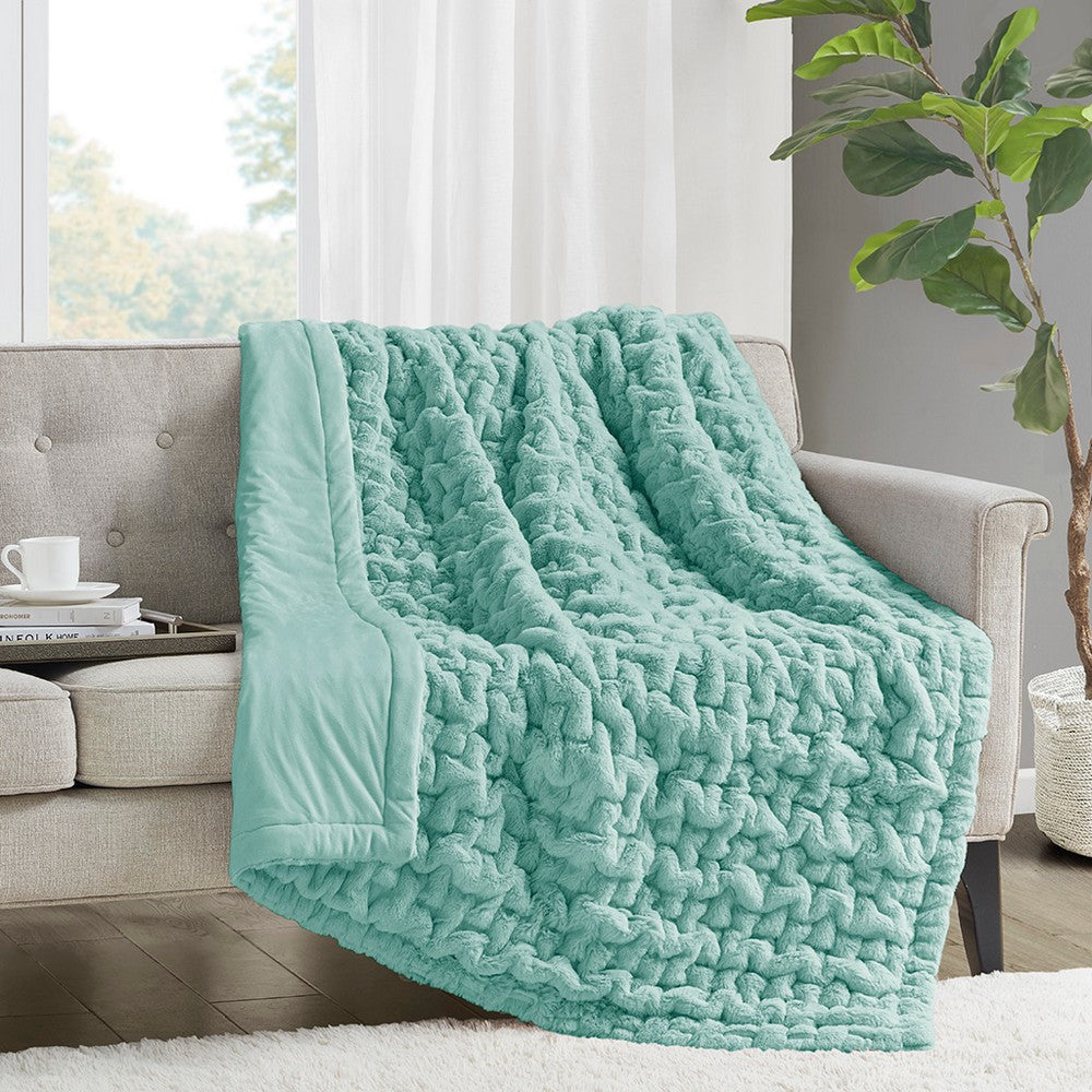 60 x 50 Throw Blanket, Ruched Faux Fur, Polyfill, Aqua Green