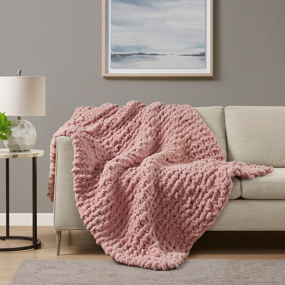 60 x 50 Throw Blanket, Polyester Chenille, Wide Knitted, Pink