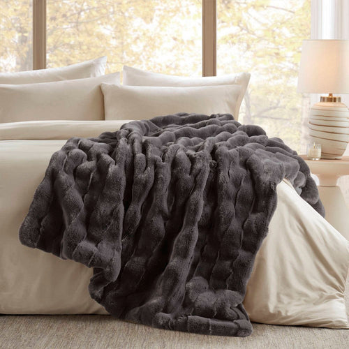60 x 50 Throw Blanket, Polyester Fur Basketweave Pattern, Gray