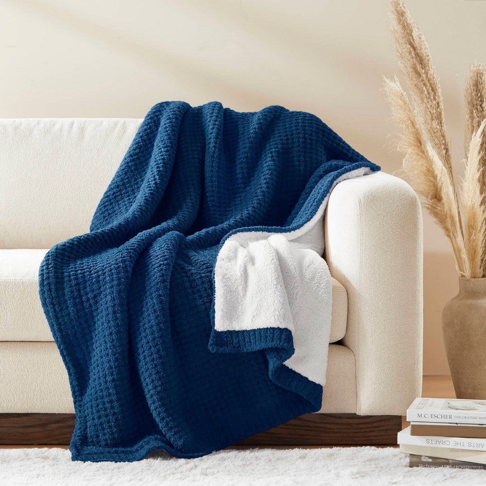 60 x 50 Throw Blanket, Waffle Chenille, Navy Blue, Ivory Sherpa