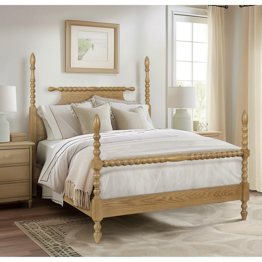 King Size Poster Bed, Sculpted Spindle Frame, Natural Brown