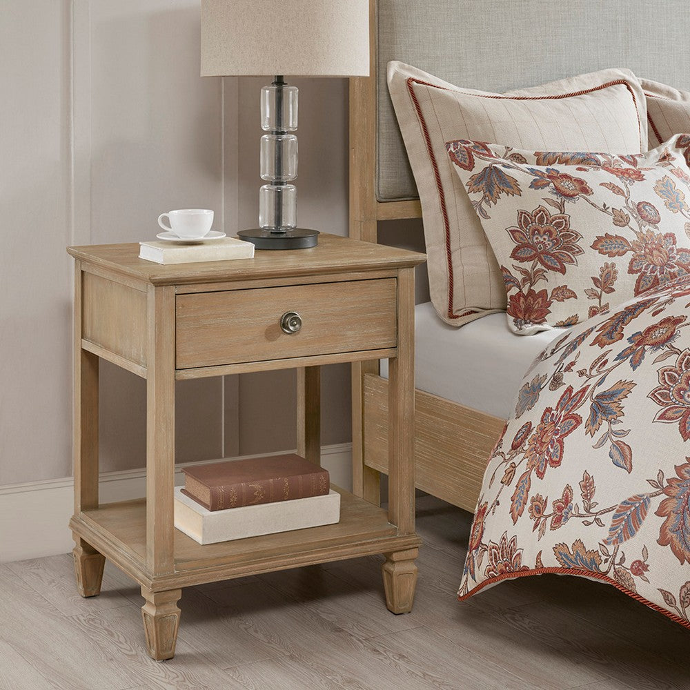 Nightstand, Open Shelf and 1 Drawer, Turned Legs, Natural Brown