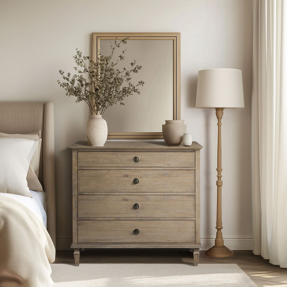 Tall Dresser Chest, 4 Drawers, Turned Legs, Natural Brown Wood