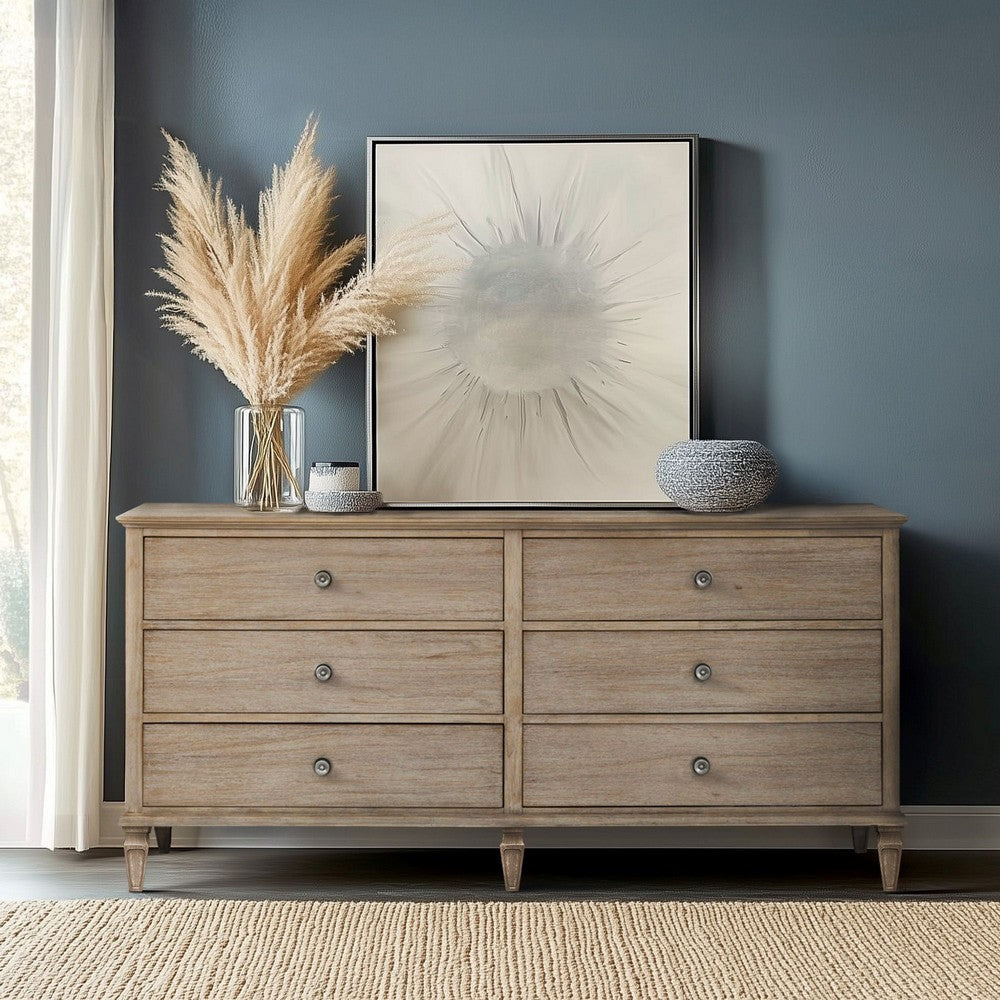 70" Dresser with 6 Drawers, Turned Legs, Natural Brown Finish Wood