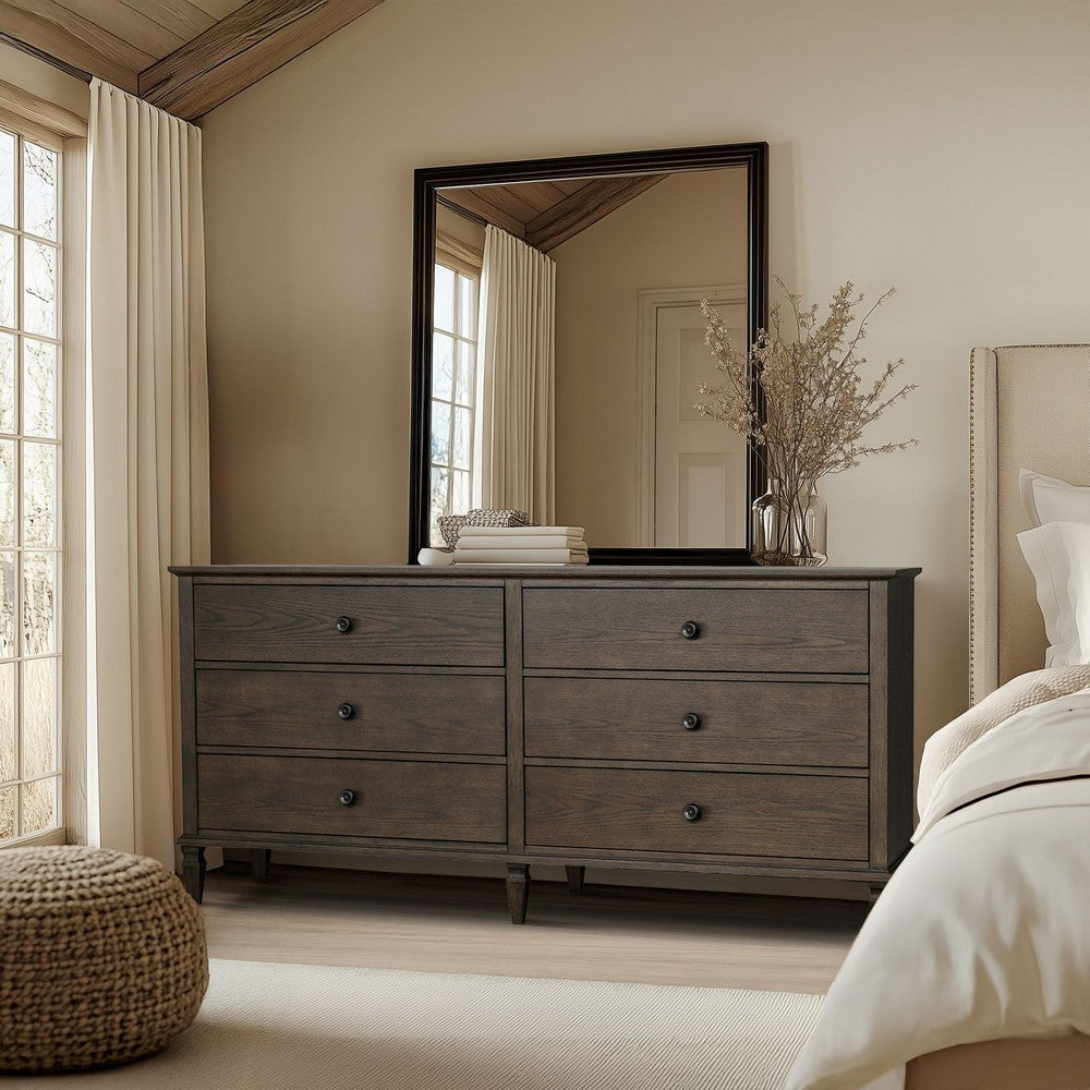 70" Dresser with 6 Drawers, Turned Legs, Antique Brown Finish Wood