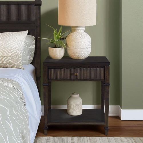 Nightstand, 1 Drawer w Gold Metal Knob, Dark Coffee Brown Wood
