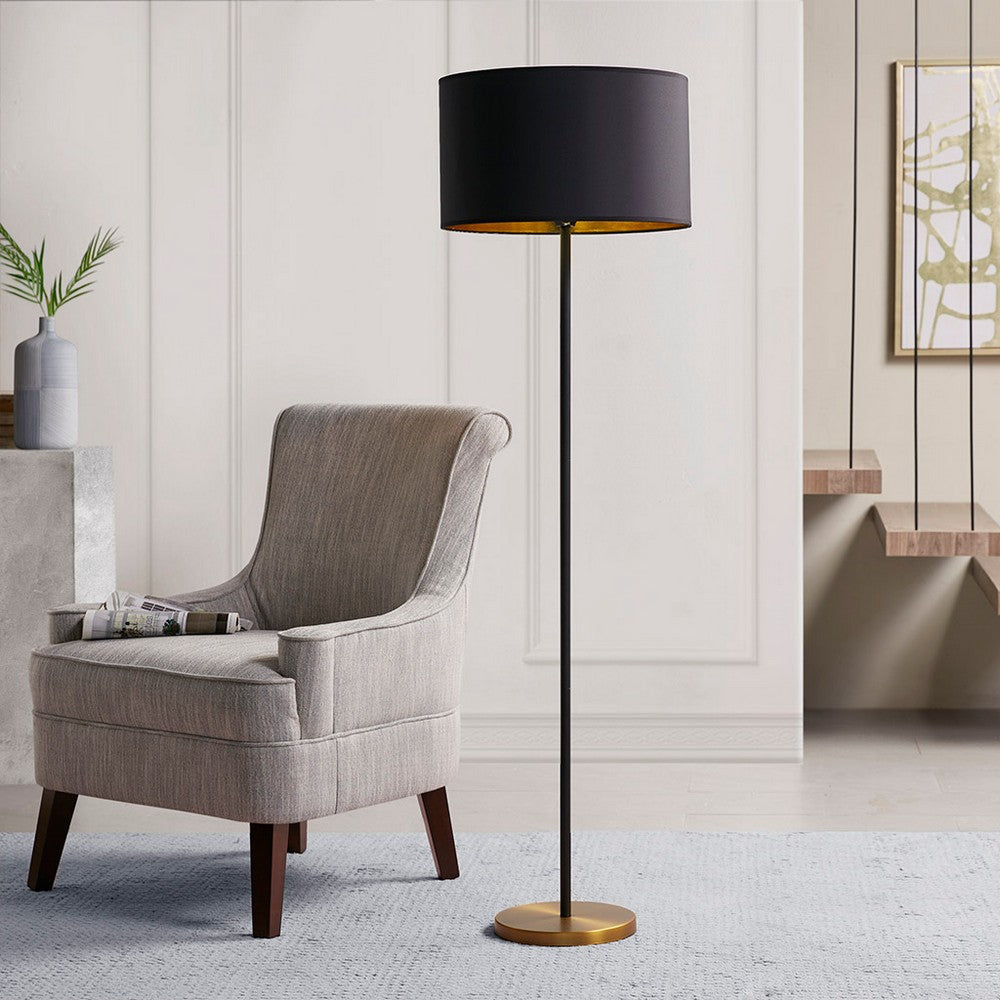 Floor Lamp, Black Drum Shade, Metal Stem and Gold Base