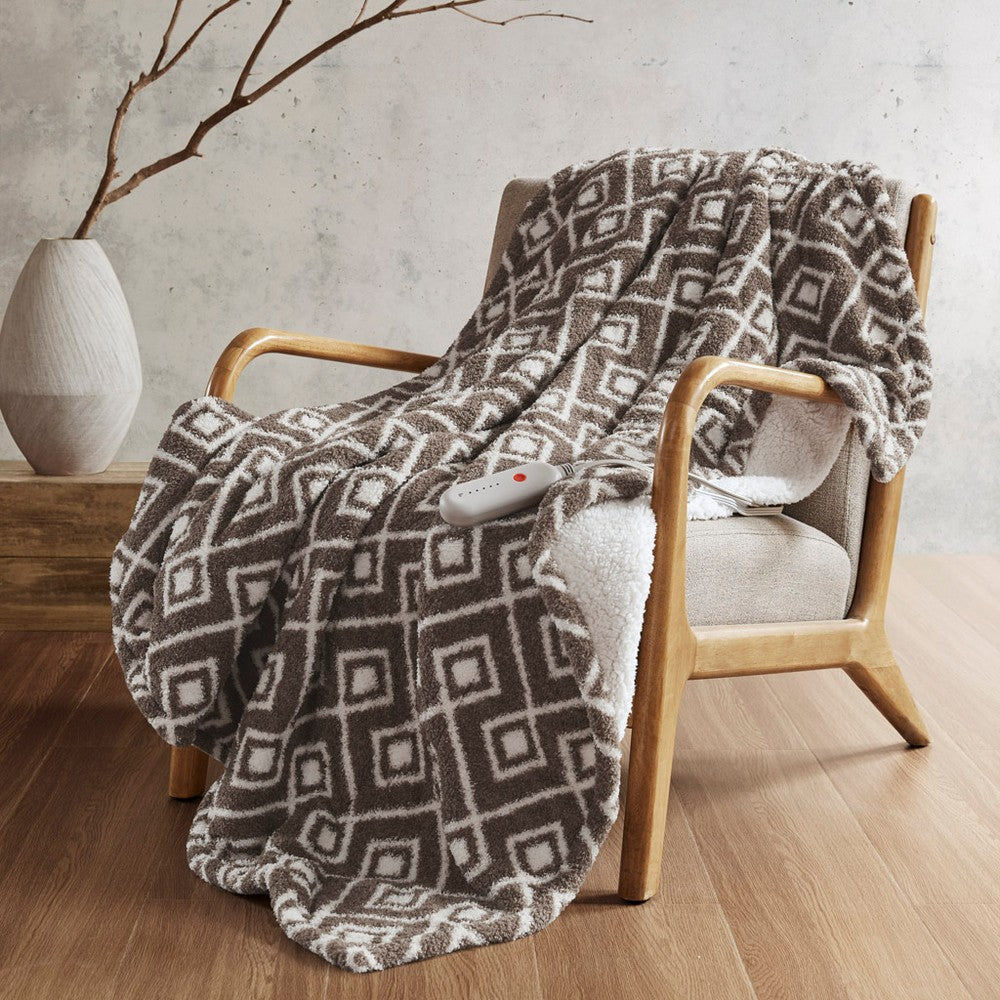 50 x 60 Heated Throw Blanket, Brown and White Geo Faux Feathersoft