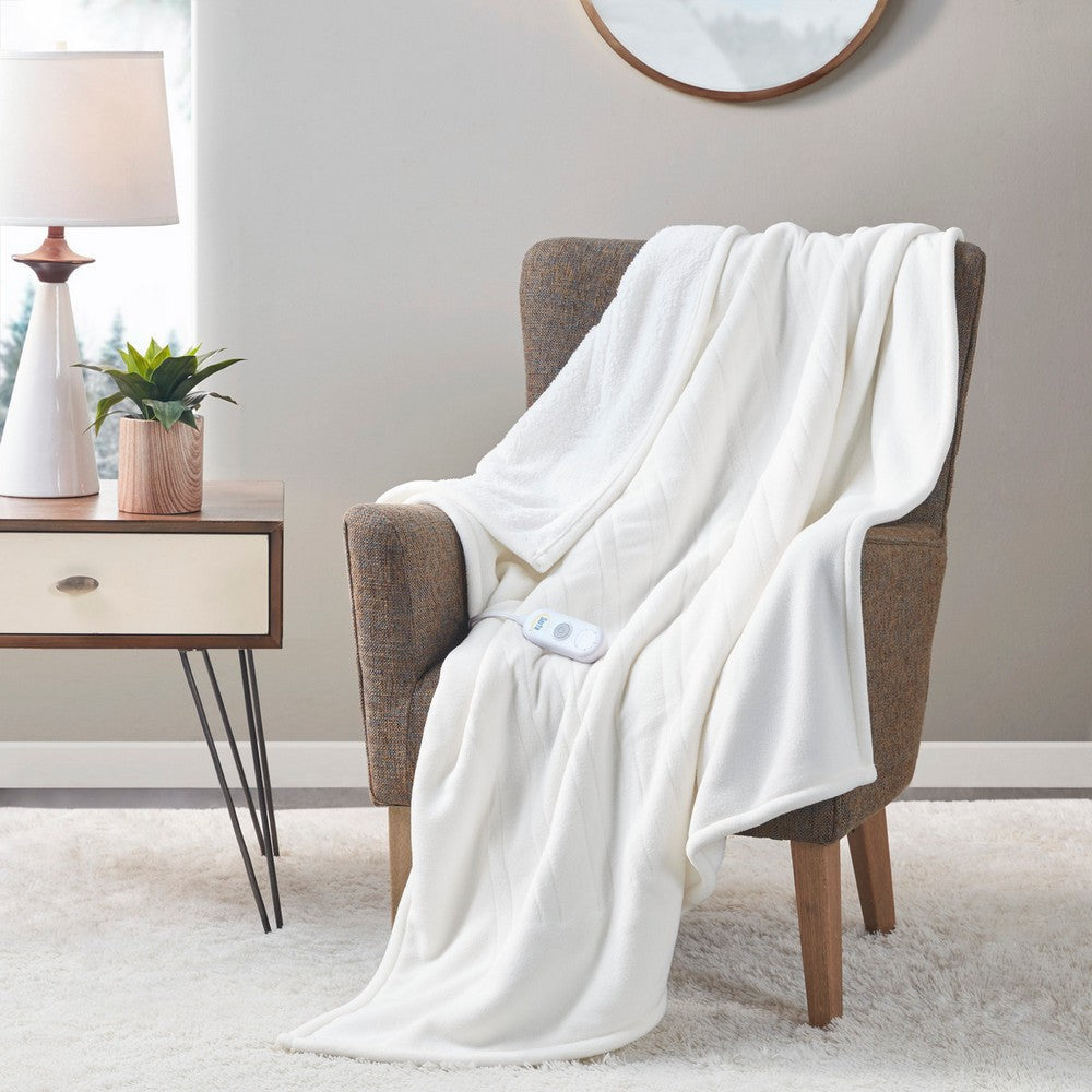 60 x 50 Throw Blanket, Heated, Fleece and Sherpa Fabric, Ivory