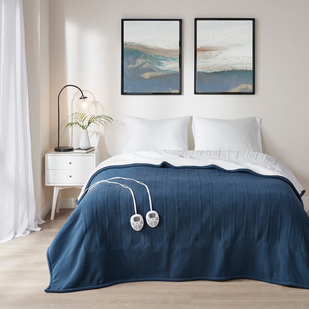 Twin XL Size Blanket, Heated Function, Fleece and Sherpa, Blue