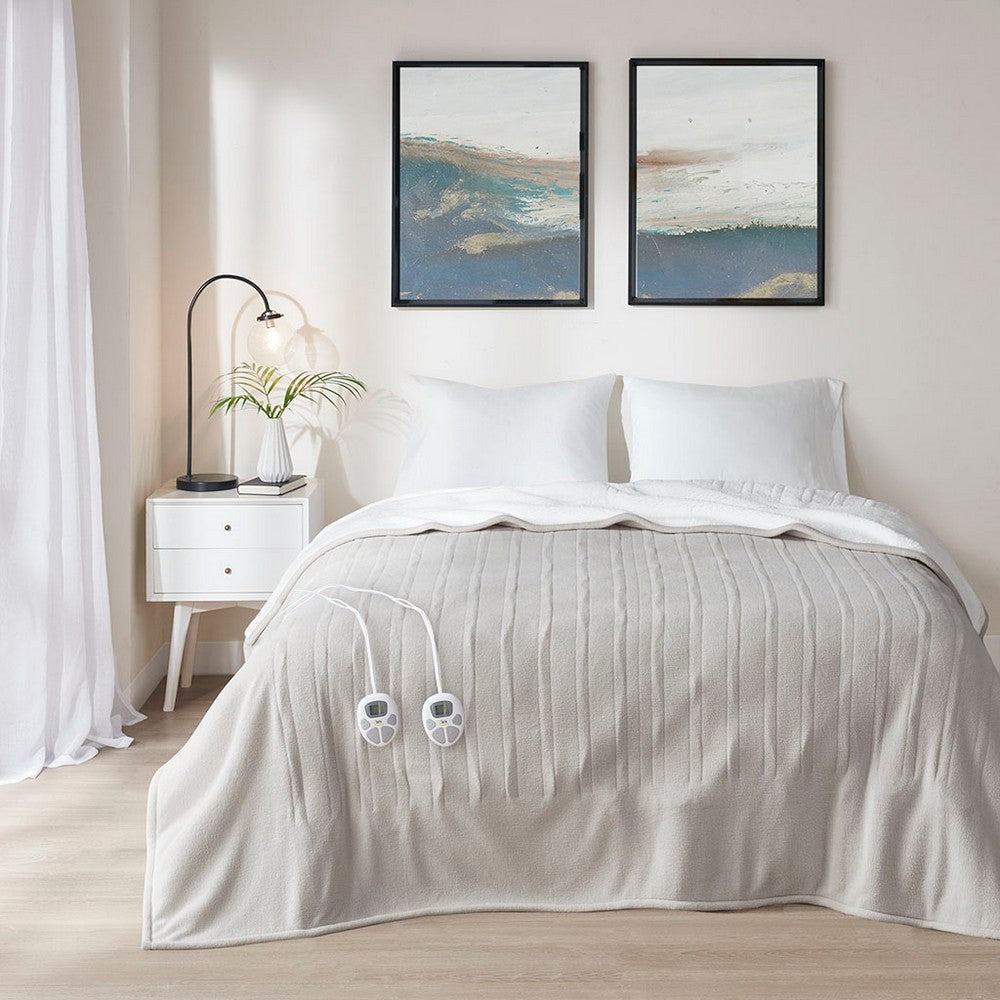 Twin XL Size Blanket, Heated Function, Fleece, Sherpa, Tan Brown
