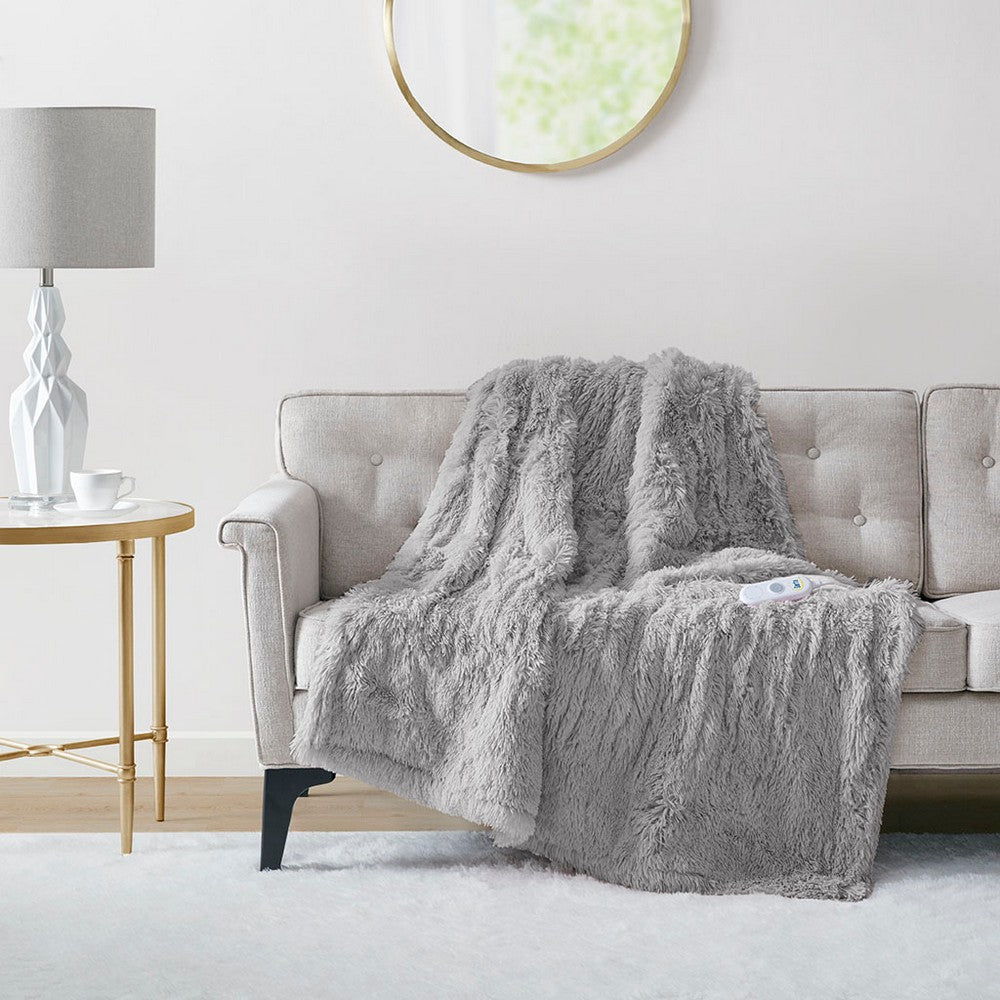 50 x 60 Heated Throw Blanket w Controller, Solid Shaggy Fur, Gray