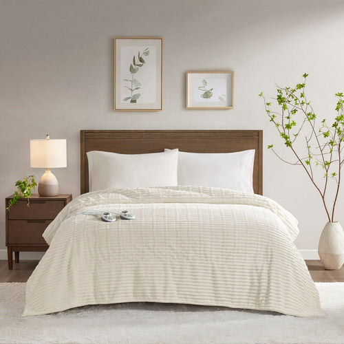 Twin Size Blanket, Heated Function, Ribbed Design, Ivory